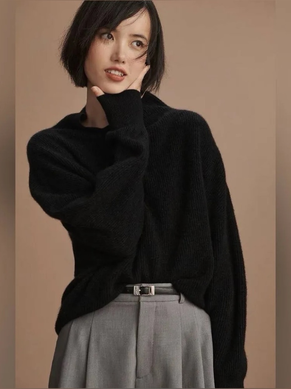 NEW Anthropologie Pilcro Anir Ribbed Mock-Neck Cashmere Jumper Black Size XS NWT